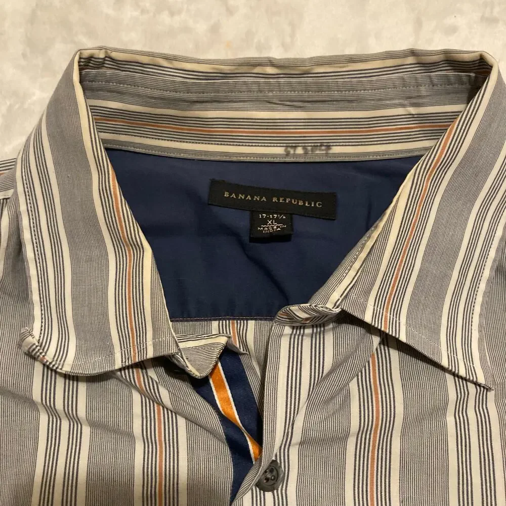 Banana Republic‎ Button Up Shirt Blue Orange Striped Long Sleeve Mens XL